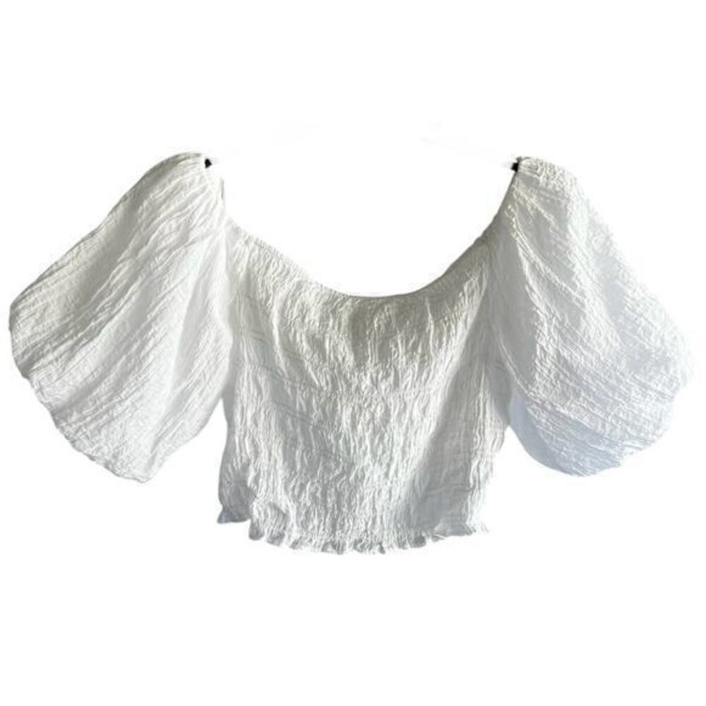 H&M Woman’s White Smocked Balloon Bubble Sleeve Whimsy Boho Crop Top NWOT Size S